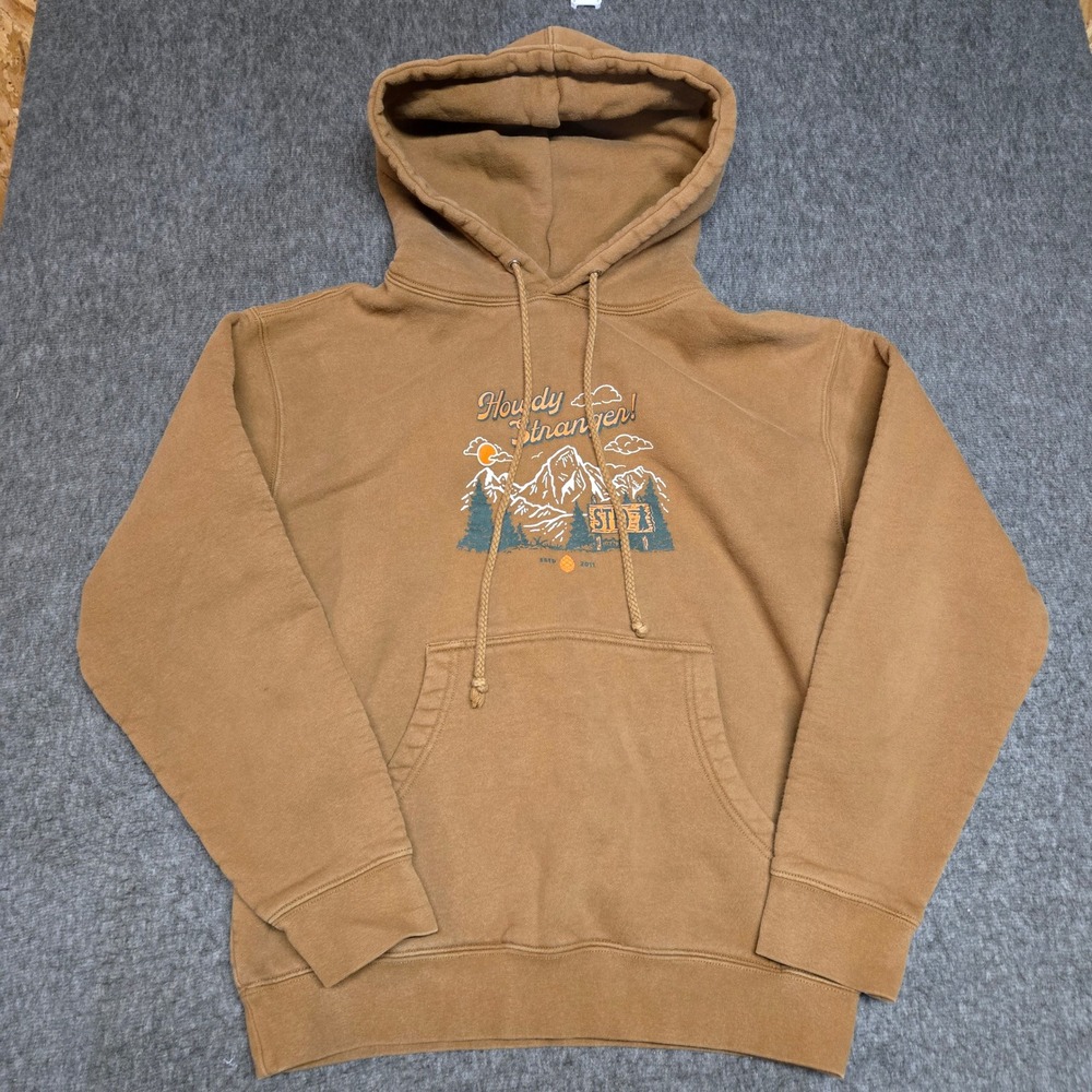 Stio Hoodie Mens XS Brown Howdy Stranger Mountain Graphic Pullover Sweatshirt